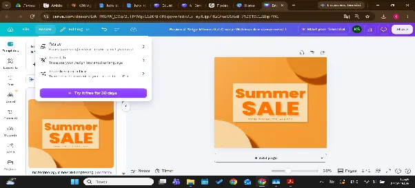 Magic Switch menu with resize, translate, and transform-into-doc options over the Summer Sale design