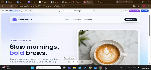 Lovable preview of a generated coffee roastery landing page with the inline edit toolbar