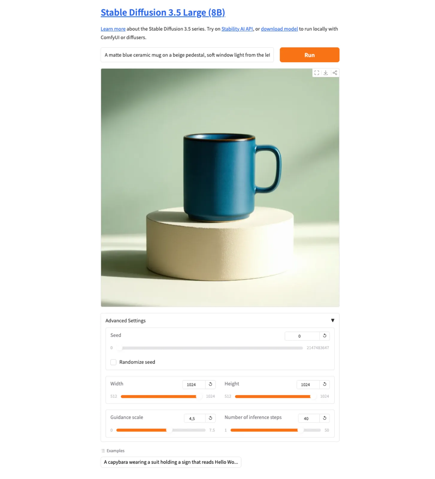 Stable Diffusion 3.5 Large demo on Hugging Face showing a generated matte blue ceramic mug on a beige pedestal, with Advanced Settings open: seed 42, 1024 by 1024 pixels, guidance 4.5 and 40 steps